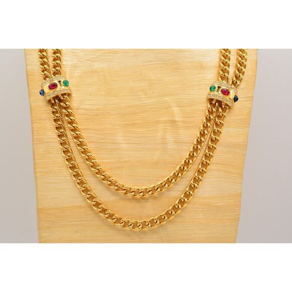 Givenchy Signed Cabochon Necklace Gold Double Chain Runway Vintage 1980s BinY - Picture 8 of 12